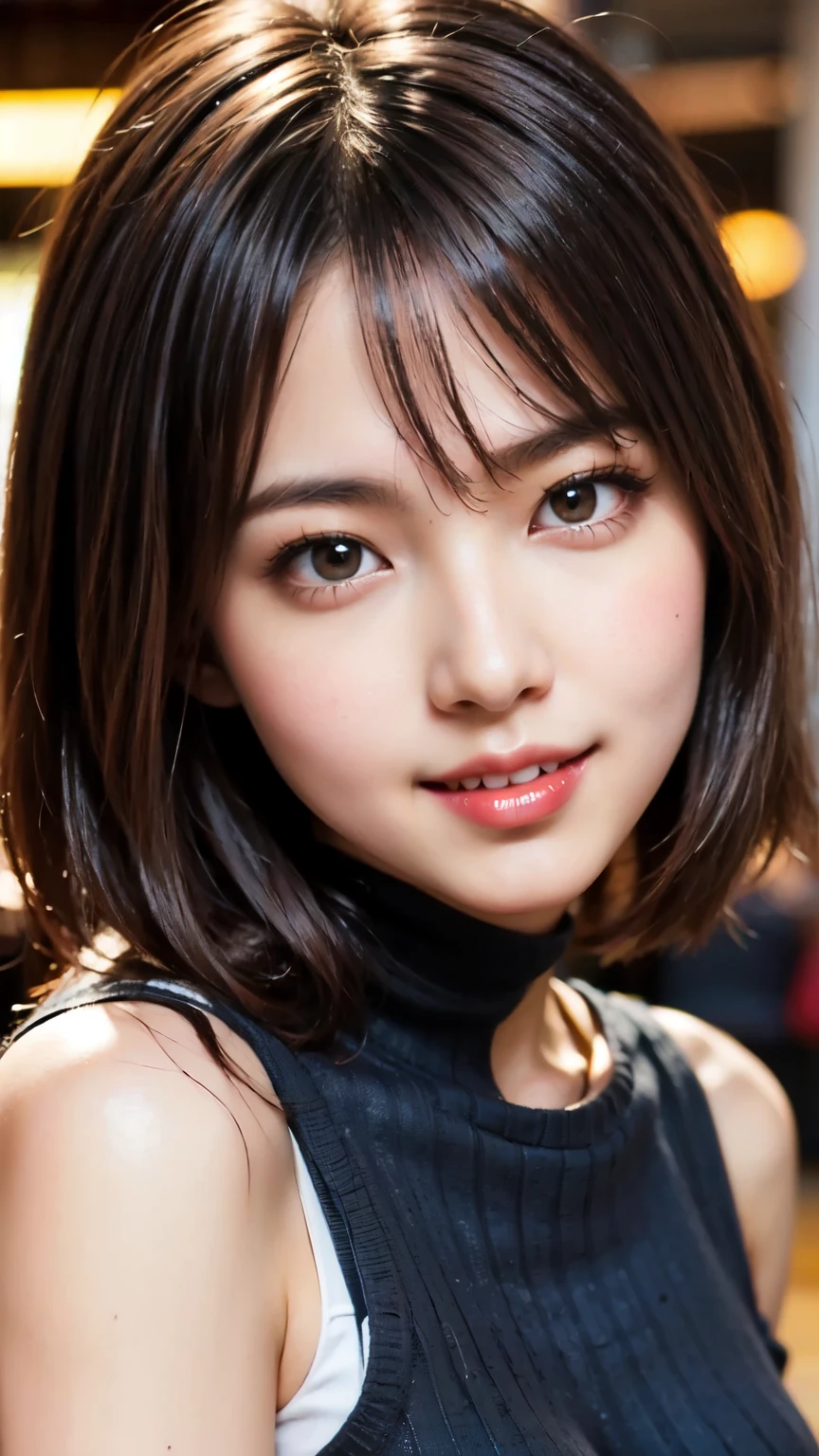 masterpiece, best quality, ultra-detailed, intricately detailed hyperdetailed, realistic, sharp features, highly detailed, sharp focus, Japanese idol, perfect face, perfect symmetrically perfect eyes, perfect full lips, flexible female form, cinematic, film light, hyper detailed, hyper realistic, high resolution, vibrant, dynamic studio lighting, Dark background, (medium hair, straight Bangs), brown Eyes, Black sweater, Portraiture, (Mischievous smile),