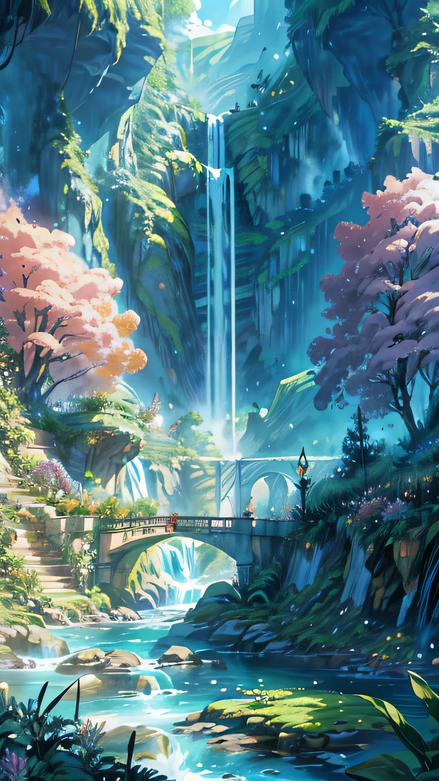 a painting of a garden with a waterfall and a bridge, floral atmosphere, anime scenery concept art, anime background art, magical atmosphere, background art, scenery art, fantasy magical vegetation, fantasy pictorial style, Fancy Fantasy Landscape Art, greenhouse in bloom, beautiful environment, dreamy and detailed, very detailed digital painting, Art Nouveau jungle environment, the grand temple of flowers
