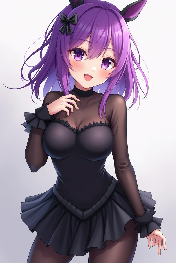 ((best quality)), ((masterpiece)), (detailed)),Cute Girl,Short Brown Hair,Purple Eyes,Heart shaped pupils,Cute smile,Red Blush,big breasts,showed under boobs,bare thick thighs,cute skirt,Glowing purple eyes,cute pose,hand beneath breasts,purple background,heart shaped pupils