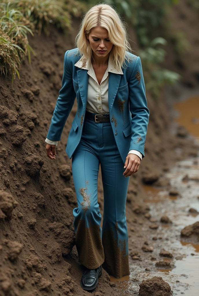 **The Wolverine Cosplay:** Create a photorealistic image of Anna, 25 years old, blonde with blue eyes, in The Wolverine cosplay. Important to keep the following facial features unchanged: large blue eyes with long lashes and slightly upturned outer corners, straight nose with a thin bridge and neat nostrils, full lips, the lower lip slightly larger than the upper one, oval face with softly defined cheekbones and a slightly pointed chin, fair skin with a slight blush. Hairstyle: tousled, short hair. Anna in Wolverine's classic yellow and blue suit, with retractable claws extended from her hands. She is crouching on a rock in a forest, with a fierce and determined expression. Camera shot from a side angle, emphasizing her readiness to pounce and wild demeanor.
