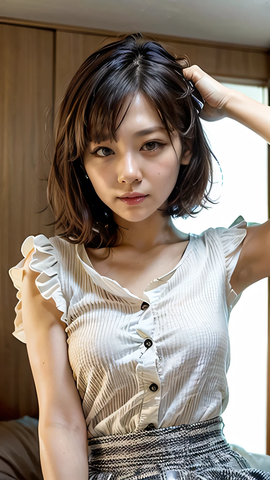(Highest quality}, {masterpiece}, {16K, Very detailed}, {Beautiful Skin}, {Professional Lighting) {(One Girl:smile)：(Showing teeth)：(Double Eyes)：(eye shadow)},{Very short hair：straight},whole body,{Glowing Skin} ,{{ (White tight camisole::See through:Nipples:1.1)}},{{Look at me sideways}}