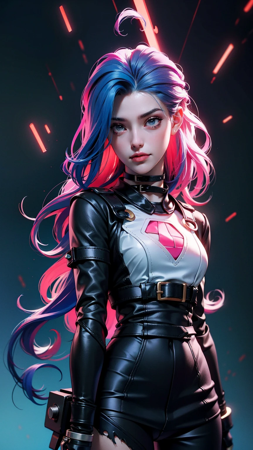 Jinx from League of Legends in a black leather jacket with a bright heart, Artgerm Julie Bell Beeple, Neoartcore e Charlie Bowater, bela arte digital, graphic artist artgerm, Fantasia sombria cyberpunk sedutora, Artgerm e Wlop, Artgerm extremamente detalhado, Wojtek FUS, Modelo IG | Artgerm, Ross Tran 8 K