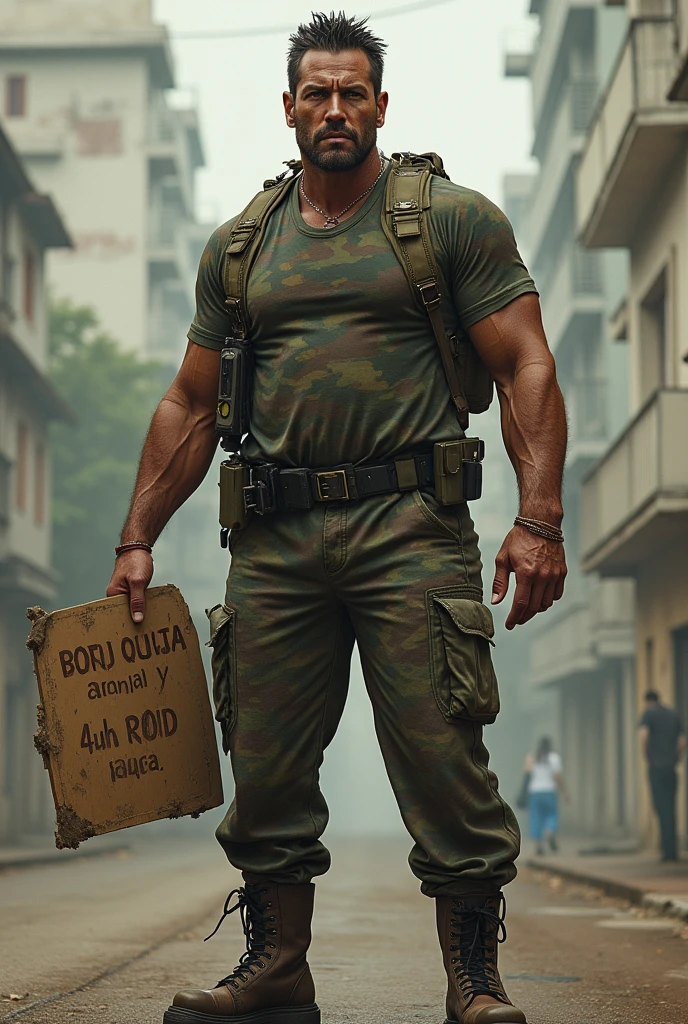 strong muscular man, street angry, backpack, epic realistic, photo, faded, complex stuff around, intricate background, soaking wet, neutral colors, ((((hdr)))), ((((muted colors)))), intricate scene, artstation, intricate details, vignette