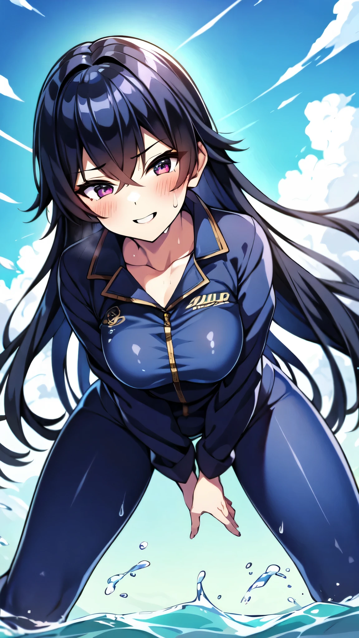 （（super high quality,））（（Ultra-high resolution,））（16K,）（super masterpiece,）（（Ultra HD ,））（Detailed shading,）（（Full Color,））Sea in clear skies,Shooting from below,One Girl,（（A shiny navy blue skin-tight sweatsuit,Open from neck to chest:1.8,popped Tight open collar:1.6,Long sleeve,））sexly,（Straight black long hair）,Bangs cross in front of the forehead,smile,blush,Sharp Eye,A lot of water splashes all over the screen,Sweaty,Open your legs a little,Leaning forward greatly,