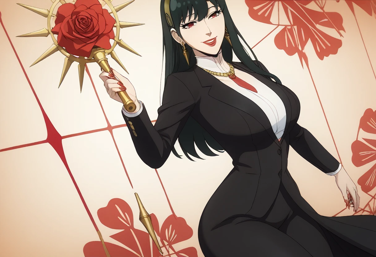 score_9,score_8_up,score_7_up,score_6_up, source_cartoon, (masterpiece), BREAK 1girl, yor,  bangs, side locks, Red eyes, Black hair, hair adornments, smile, yoor_foorger, mature woman, (wide hips, wide thighs), make up, happy. thigh gap, nail polish, narrow waist, (abstract background:1.5), abstract background,, dutch angle, (perfect hands), red lips, (big hips), (suit:1.5), (white shirt), ((black pants)), hourglass body, ultra-detailed clothes, best quality, expressive eyes,, solo,flower_bezel, thick thighs, ((black suit)), (red tie), jewelry, earrings, necklace, smile,((mature woman)), perfect face, eyelashes, (perfect eyes), happy, perfect teeths, nail polish (perfect fingers),(masterpiece:1.2), (best quality:1.2), (very aesthetic:1.2), (detailed background), intricate details, ,Perfect Hands, 