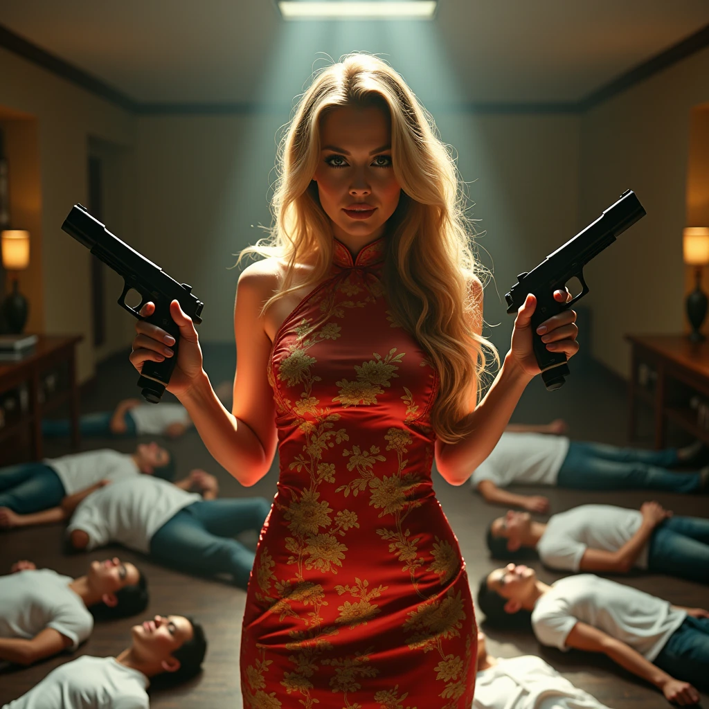 wide depth of field, wide depth of focus, f/11 lens setting, all objects in focus, full color image, woman two chrome pistols, holding a pistol, large fraternity house game room, full body image, (royal blue sleeve, short satin night gown), woman posing with a pistol, long blonde hair, confidant smile, pure form, intricate details, 8K post-production, high resolution, super detailed, Popular topics on Artstation,, Studio photos, intricate details, Very detailed, she stands in the middle of the room and she is surrounded by a large pile of defeated men laying unconscious with closed eyes on the floor