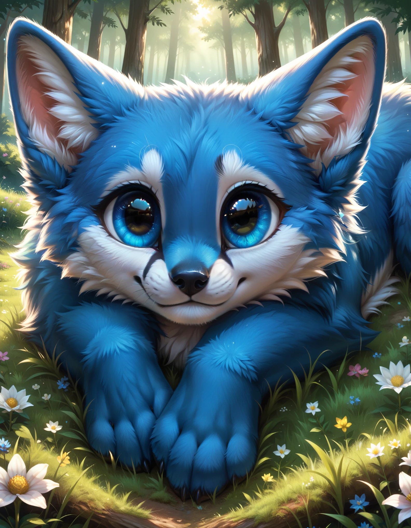 score_9, blue fox, laying down, smol, adorable, blue kit, fuzzy, fluffy, fur, big eyes, detailed eyes, close up, playful, forest, grass, tall grass, flower