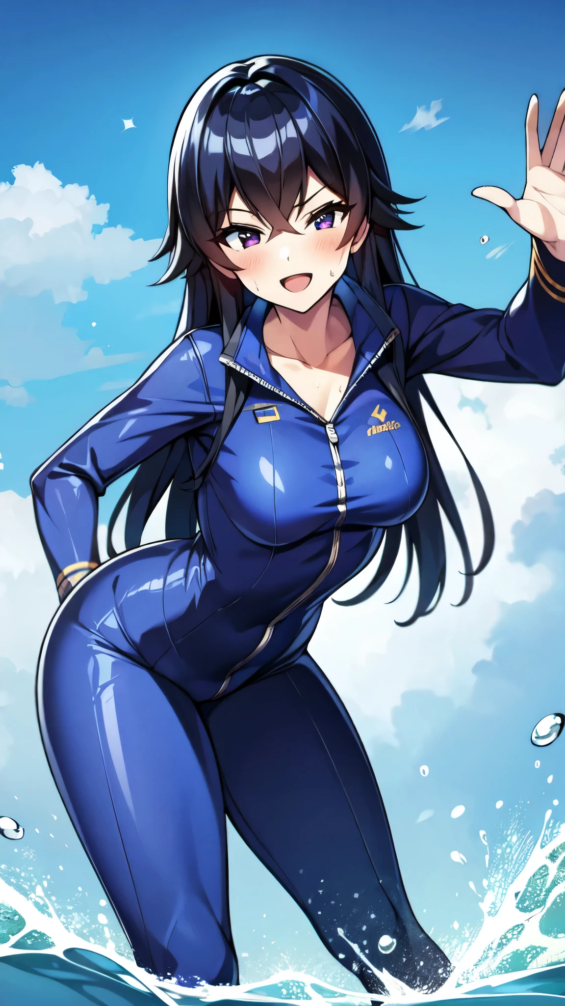 （（super high quality,））（（Ultra-high resolution,））（16K,）（super masterpiece,）（（Ultra HD ,））（Detailed shading,）（（Full Color,））Sea in clear skies,Shooting from below,One Girl,（（A shiny navy blue skin-tight sweatsuit,popped Tight open collar:1.6,Long sleeve,））sexly,（Straight black long hair）,Bangs cross in front of the forehead,smile,blush,Sharp Eye,A lot of water splashes all over the screen,Sweaty,Open your legs a little,Leaning forward greatly,