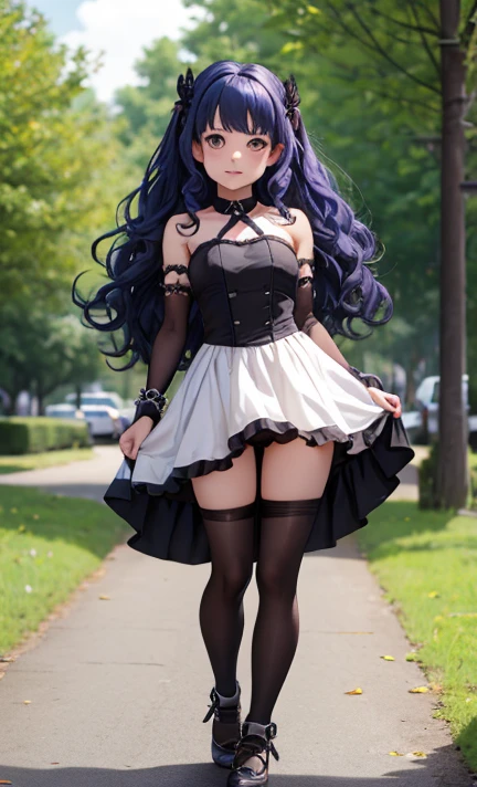 Vampire girl, very curly blue hair, very tiny gothic minidress, white pantyhose crotch, Lifting miniskirt satin elbow gloves, shoes, sun shiny day