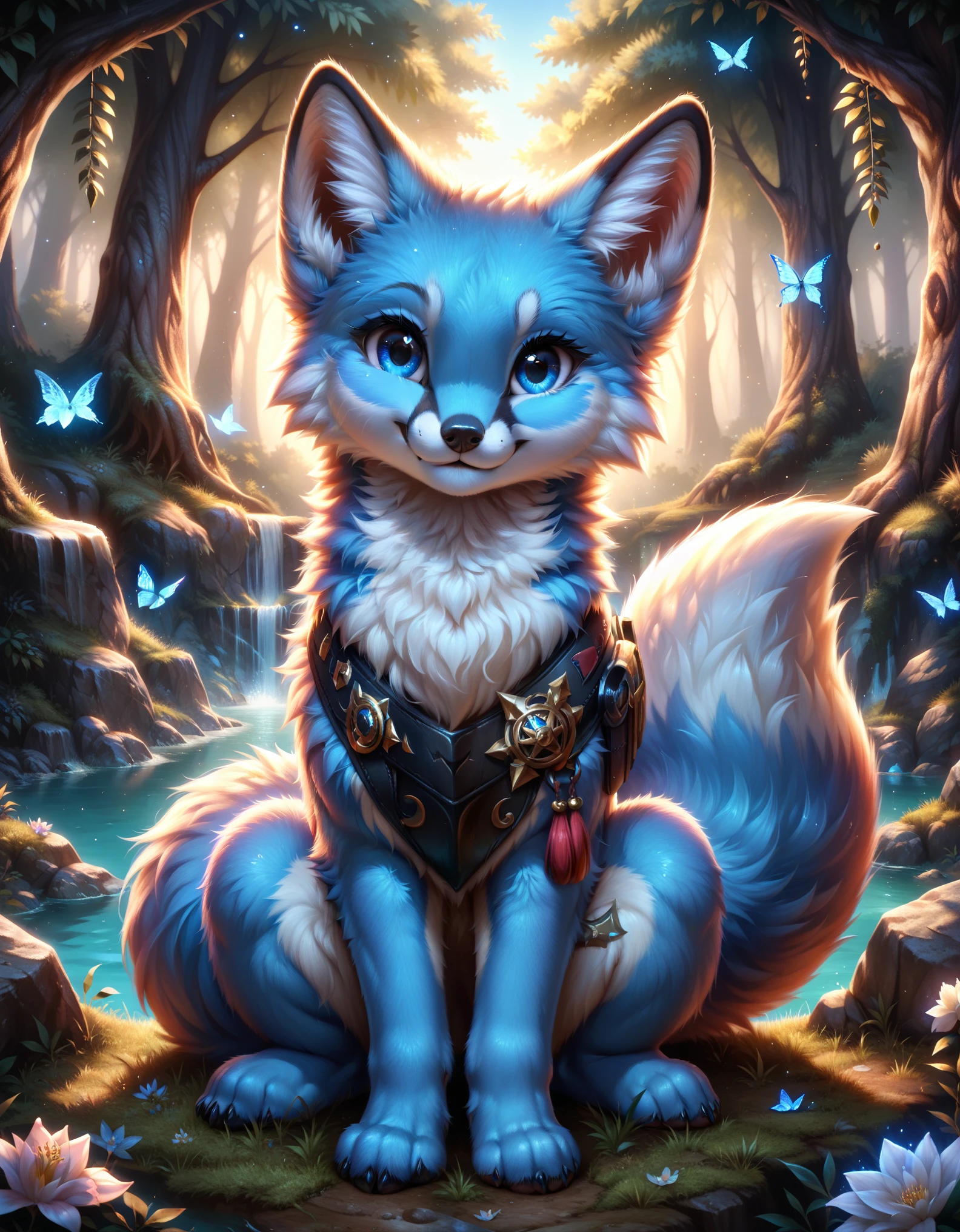 score_9, blue fox, feral, looking at you, sitting, detailed, beautiful, cute, hnnng, daaaaaaaaaaaw, weapons-grade cute, (fluffy:0.5), chest (fluff:0.5), ear (fluff:0.5), cheek (fluff:0.5), fur,
