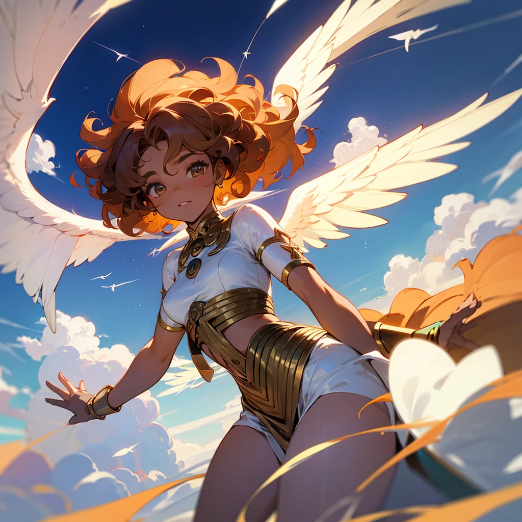 A anime goddess of wind without wings and clothes wings with golden bra and underwear , she's flying above the clouds. 
