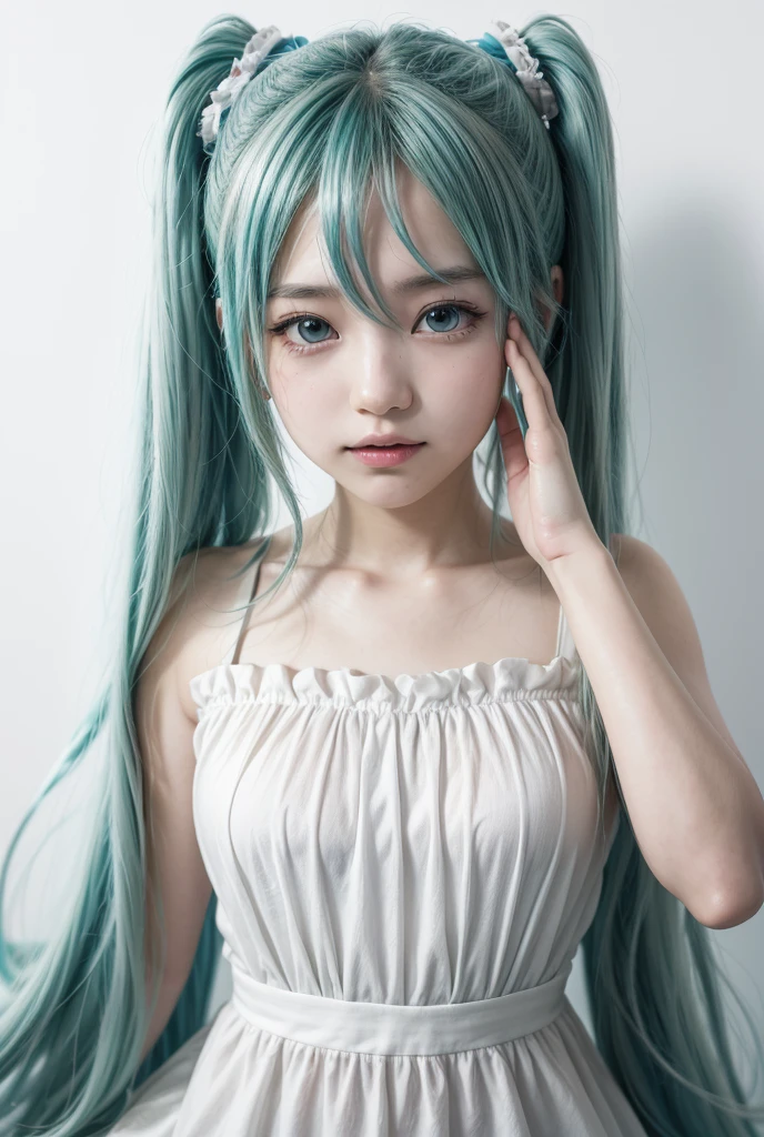 (((Hatsune Miku character))), (((Tosca hair color))), ((Long two-tailed hair with ponies)), Looking at the view, Eyes on the landscape, Smile (Big smile), (Open mouth), (((Full body photo))), 21 year old girl, Perfect body, Perfect anatomy, Tosca eye color, Double eyelids, Huge breasts, Highly detailed skin texture, (Realistic skin), Ultra-detailed face, Detailed lips, Detailed eyes, Double eyelids, Nack shoes, Wet skin, Wet hair, (((Simple background))), (Front focus), (In the dark:1.6), deep dark, Surrealistic Female Portraits by David Hockney and Alphonse Mucha, Fantasy art, photograph realistic, (((Dynamic pose))), Popular model poses, ((Elegant Pose)), Dynamic lighting, art stations, poster for, voluminetric lighting, Very detailed faces, 4 k'', In the dark, deepshadow, low tune, Cowboy shot, (((White dress color))), Illuminated dress, Erotic lace dress, Suspender stockings, Extremely detailed, Liquid milk