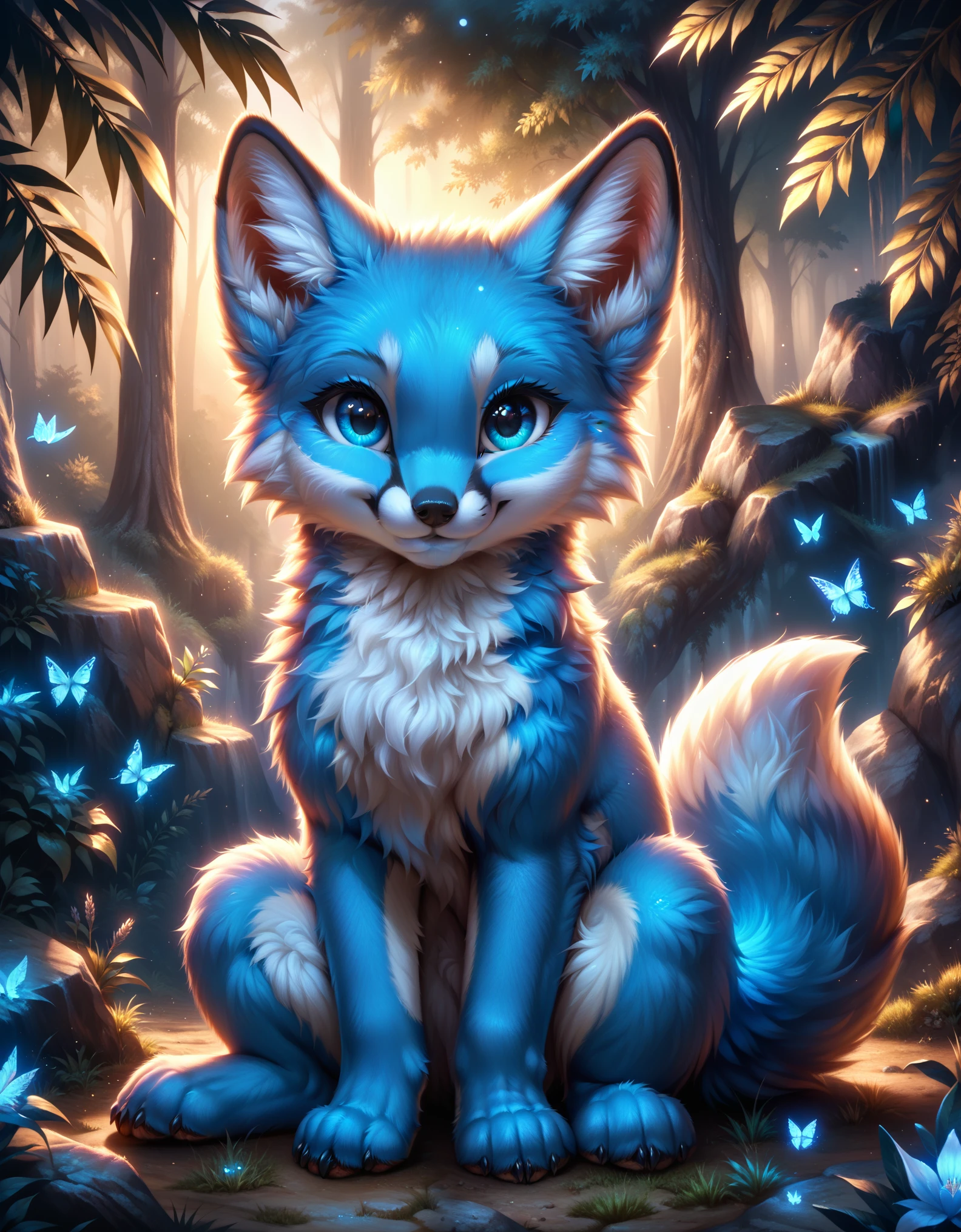 score_9, blue fox, feral, looking at you, sitting, detailed, beautiful, cute, hnnng, daaaaaaaaaaaw, weapons-grade cute, (fluffy:0.5), chest (fluff:0.5), ear (fluff:0.5), cheek (fluff:0.5), fur,
