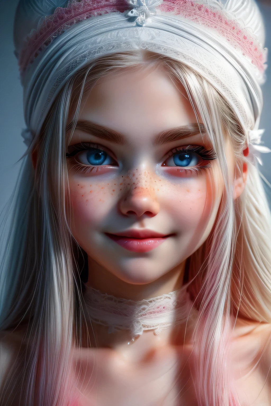 very beautiful woman, perfect face, long white hair, small sharp face, perfect big blue eyes, thin arched eyebrows, very thick and long eyelashes, close up face, freckles, small nose, black winged eyeliner, front view, looking at viewer, super white skin, russian soft small features, smiling with teeth, dimples, pink headpiece 