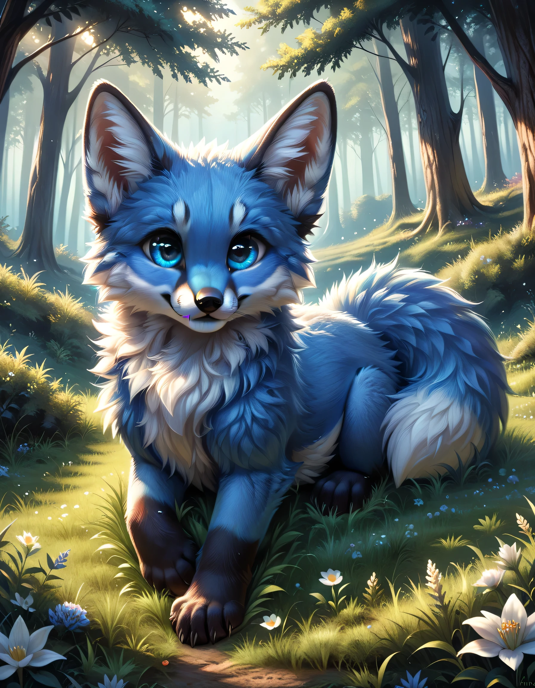 score_9, blue fox, laying down, smol, adorable, blue kit, fuzzy, fluffy, fur, big eyes, detailed eyes, playful, forest, grass, tall grass, flower, solo, daaaaaaaaaaaw, 