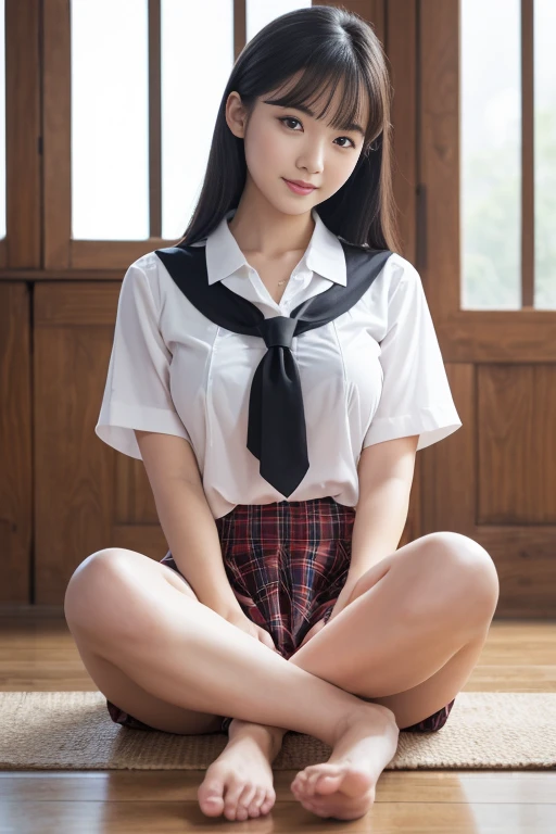 nsfw,Best Quality, Masterpiece, 1 Girl, Beautiful Face, (Photorealistic Photo:1.3), Rim Lighting, (High Detail Skin:1.2), 8K UHD, DSLR, High Quality, High Resolution, 4K, 8K, Bokeh , Absurdity, ( Real:1.3), A cute girl, ,(school uniform:1.3),plaid skirt,long hair ,(blonde:1.2),small breasts, full body,slender body,squatting,spread legs,(up arms:1.2),showing panties,smile