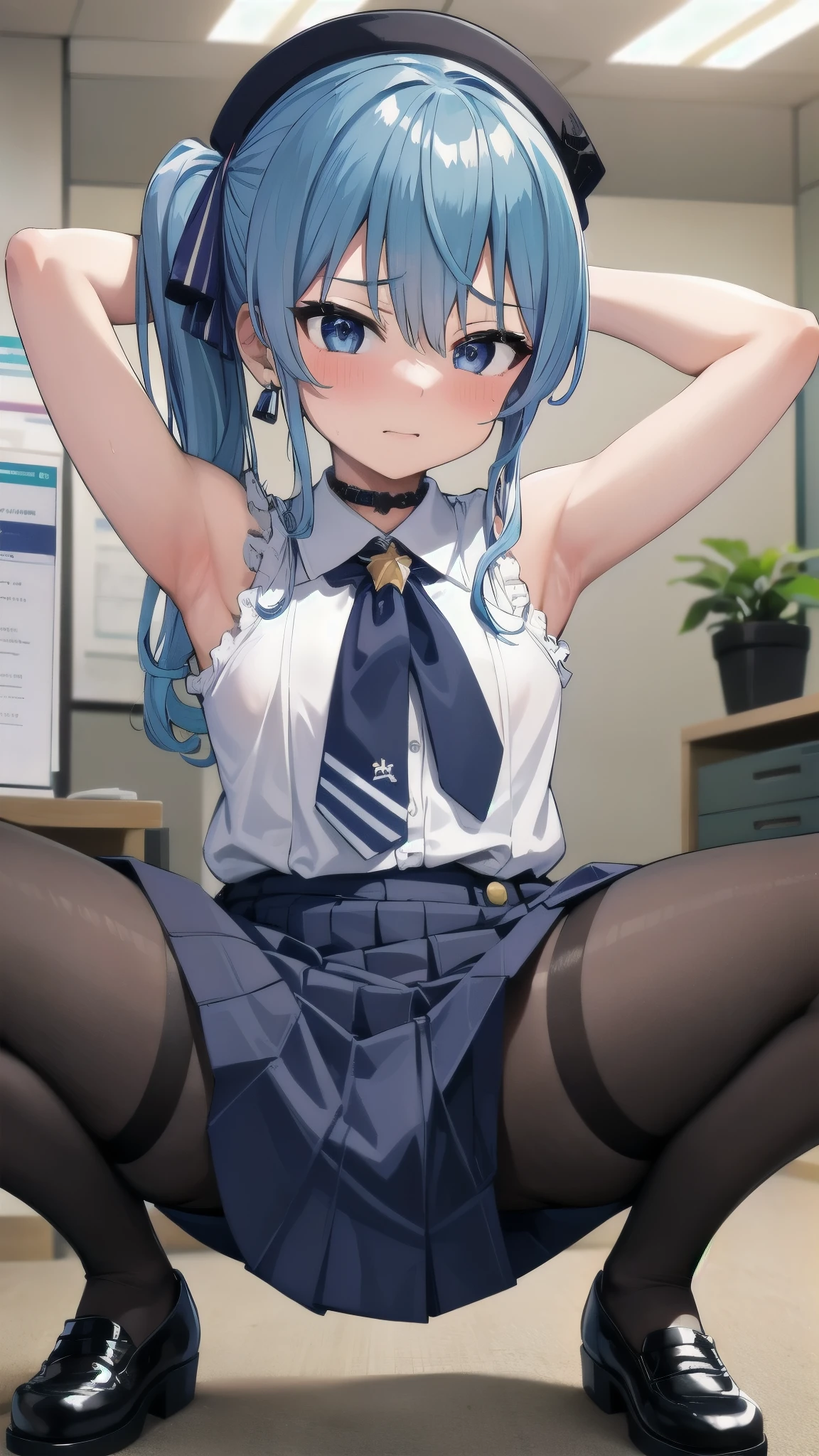 squatting, spread legs, arms behind head,8k,Highest quality,masterpiece, Highest quality, High resolution, sui1, 1 girl, alone, Side Ponytail, Hoshimachi Suisei,flat tits,(((office))) ,((embarrassed)),