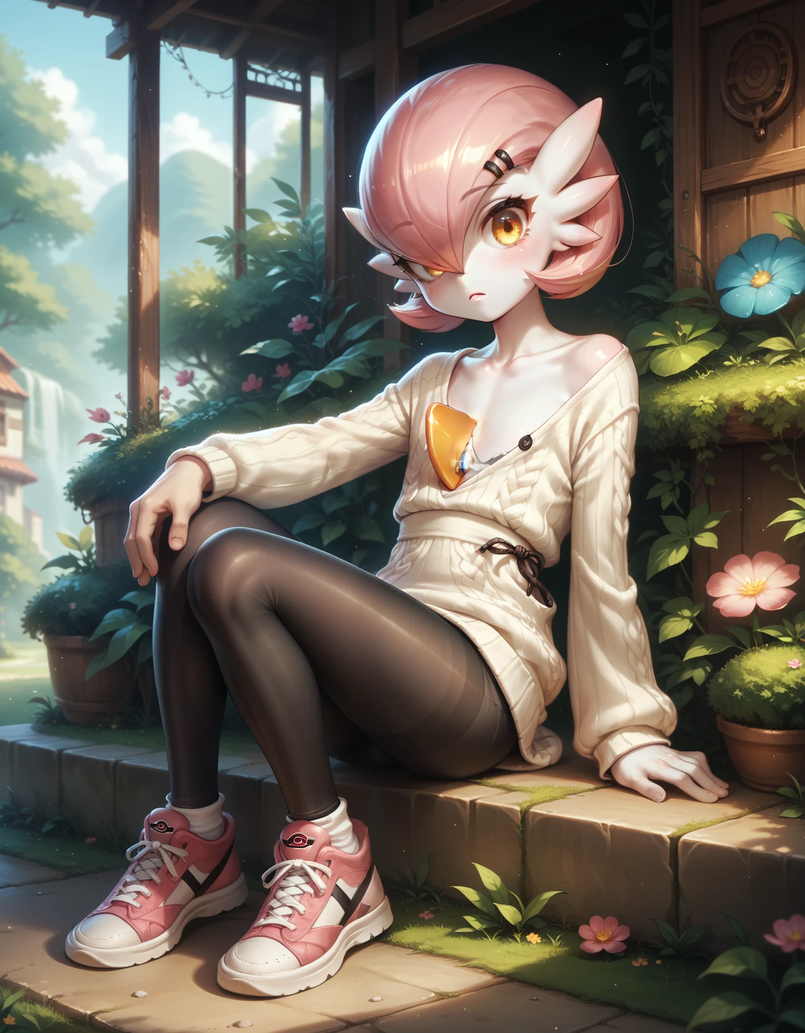 score_9, score_8_up, score_7_up, score_6_up, solo, solo, jizoku, wrap sweater, joggers, slip-on sneakers, pantyhose, petunia, pink hair, pokemon \(creature\), colored skin, gardevoir, short hair, white skin, flat chest, alternate color, yellow eyes, 