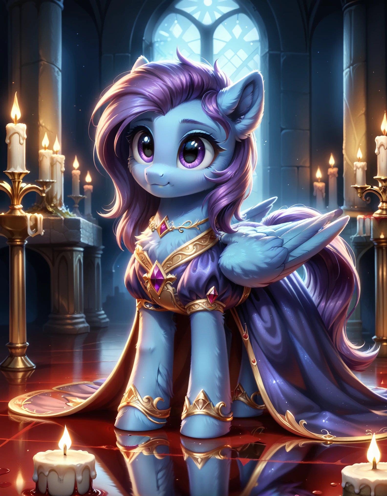 score_9, indoors, castle, candles, reflective floor, pony, mare, pegasus, detailed, beautiful, cute, hnnng, daaaaaaaaaaaw, weapons-grade cute, (fluffy:0.5), chest (fluff:0.5), ear (fluff:0.5), cheek (fluff:0.5), fur, rating_safe, blue fur, purple mane, dress, night