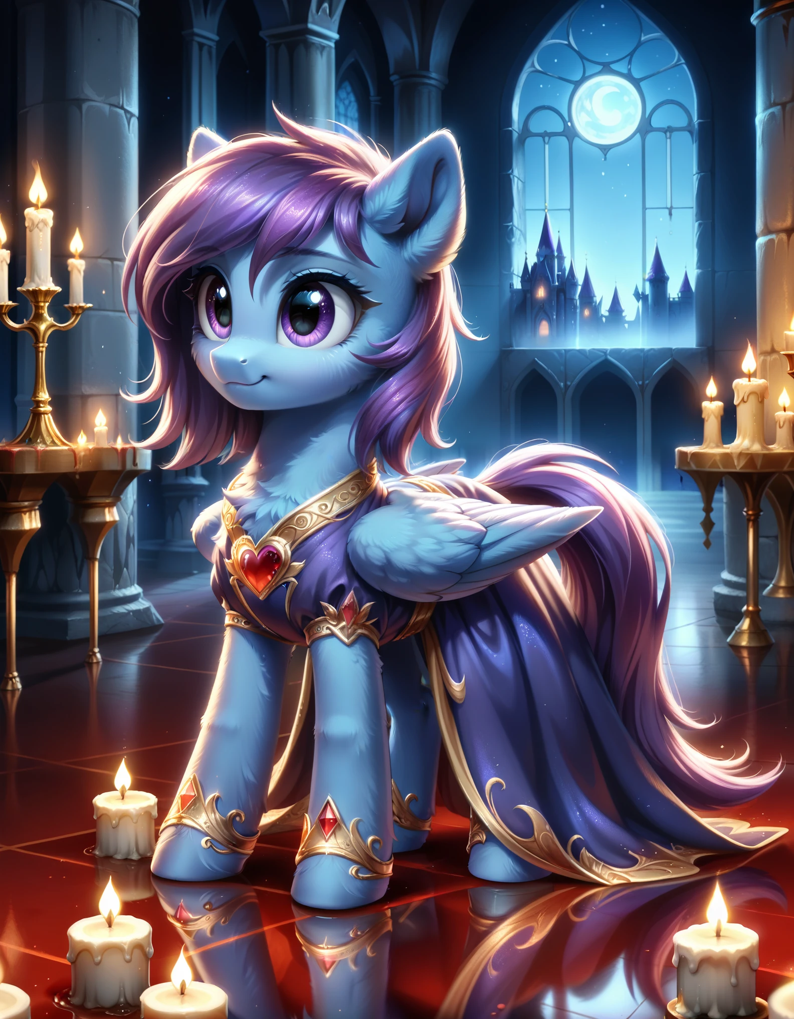 score_9, indoors, castle, candles, reflective floor, pony, mare, pegasus, detailed, beautiful, cute, hnnng, daaaaaaaaaaaw, weapons-grade cute, (fluffy:0.5), chest (fluff:0.5), ear (fluff:0.5), cheek (fluff:0.5), fur, rating_safe, blue fur, purple mane, dress, night