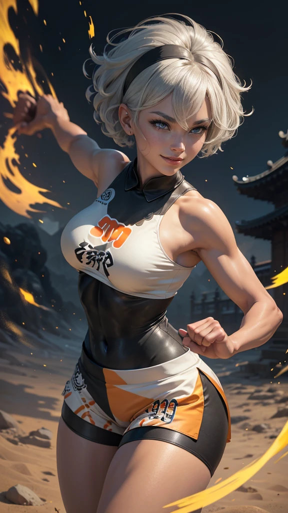 Bea da pokemon,(best qualityer,4K,8k,high resolution,work of art:1.2)(weather: windy), sand kung fu arena, short curly hair, gray hair, cropped shirt, micro shorts, thigh high stockings, headband, gloves, leotard, ultra detailed,realistic,beautiful detailed gray eyes, beautiful detailed lips,extremely detailed eye and face, long eyelashes,average,large breasts,flying hair,beaming smile, cute smile,powerful girl, kung fu stance, bright coloured, dramatic lighting, sweating, kung fu temple,