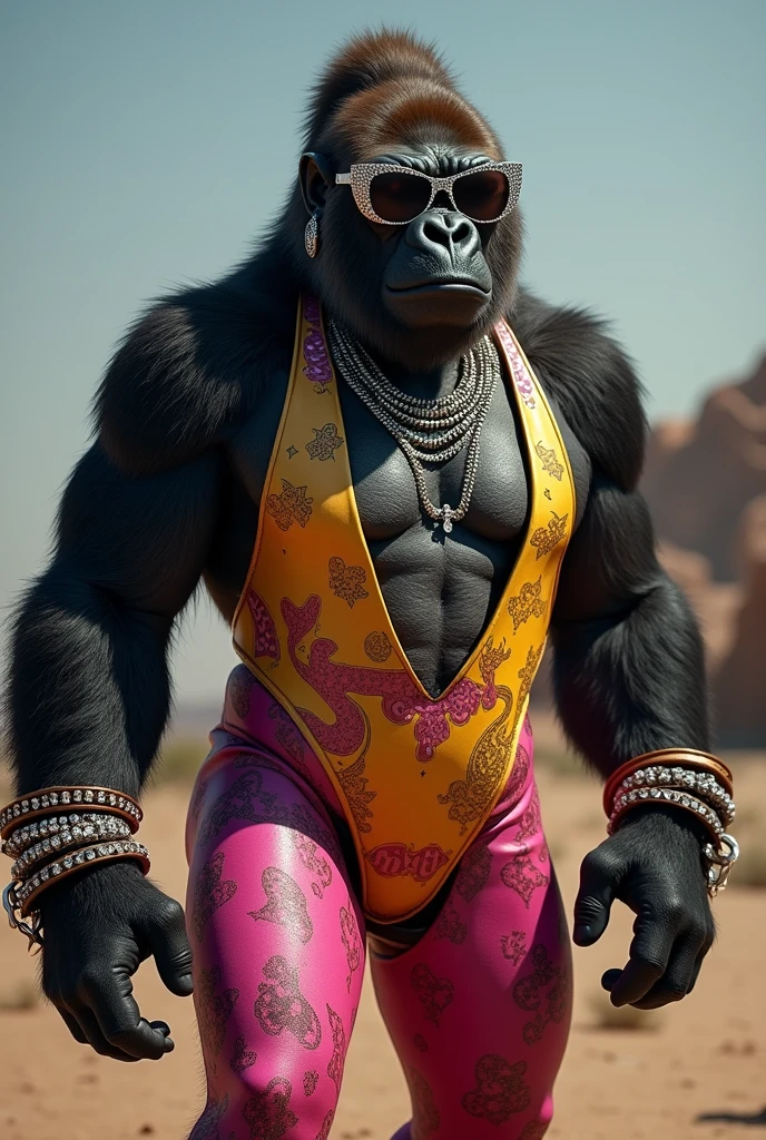 Light on golden smoke in background.Anthropomorphic gorilla, male, full body portrait, seated pose, ultra realistic, detailed fur texture, Golden Mane, sharp eyes, serious expression, colorful patterned bomber jacket, intricate jacket design, gold chain necklace, gold glittery pants, white sneakers, studio lighting, dark background, National Geographic style photo, 8K resolution, highly detailed, sharp focus, textured fabric, fur collar on jacket, muscular physique, confident posture, urban street style、Golden smoke with light in the background