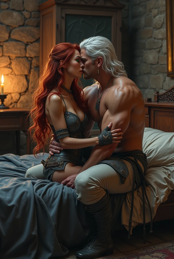 A young shirtless lord with short curly black hair, played by Kit Harington, is standing confidently. He is holding a smiling, naked woman with blonde hair, played by Sadie Sink. They are in a romantic and intimate embrace. The background is a luxurious medieval castle interior, with a grand fireplace casting a warm glow. The overall mood is passionate and tender.

Details:

    Kit Harington: Shirtless, muscular, with short curly black hair. Display a confident and protective expression.
    Sadie Sink: Naked, with long blonde hair. Display a loving and happy expression, arms wrapped around Kit Harington.
    Setting: Luxurious medieval castle interior. Grand fireplace casting a warm, soft glow.
    Mood: Passionate, tender, and romantic.
    Lighting: Soft, warm tones emphasizing the intimacy and romance of the scene.