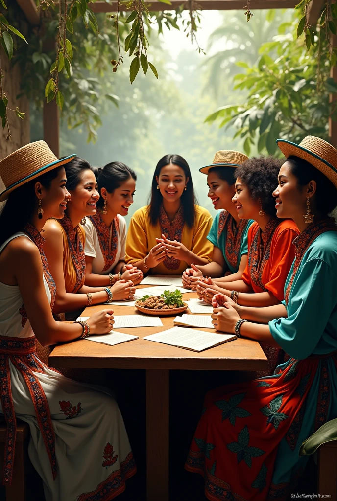 Grupo de 5 mulheres conversando e bebendo cerveja, One of the women is wearing a blue hat