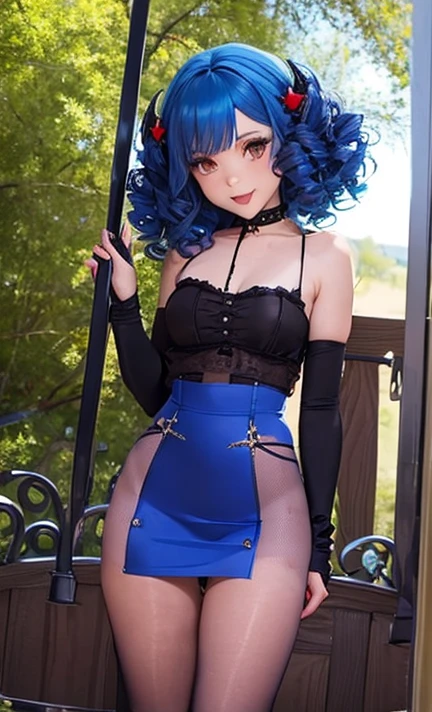 Vampire girl, very curly blue hair, very tiny gothic minidress, sky blue pantyhose crotch, Lifting miniskirt satin elbow gloves, shoes, sun shiny day