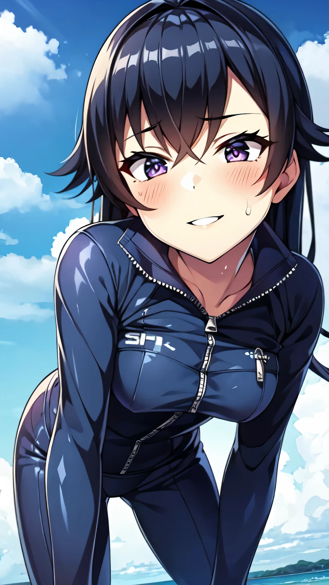 （（super high quality,））（（Ultra-high resolution,））（16K,）（super masterpiece,）（（Ultra HD ,））（Detailed shading,）（（Full Color,））Sea in clear skies,Shooting from below,One Girl,（（A shiny navy blue skin-tight sweatsuit,The zipper opens up to the chest,popped Tight open collar:1.6,Long sleeve,））sexly,（Straight black long hair）,Bangs cross in front of the forehead,smile,blush,Sharp Eye,A lot of water splashes all over the screen,Sweaty,Open your legs a little,Leaning forward greatly,