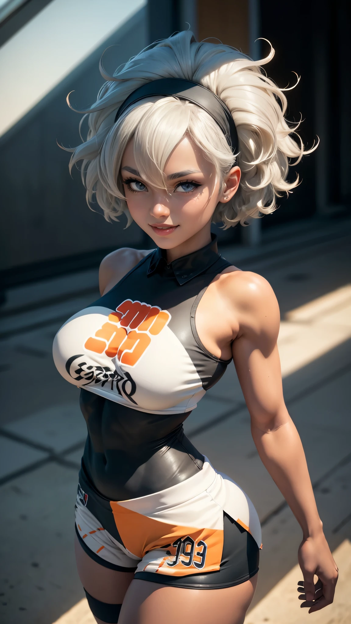 Bea da pokemon,(best qualityer,4K,8k,high resolution,work of art:1.2)(weather: windy), beach volleyball stadium, short curly hair, gray hair, cropped shirt, micro shorts, thigh high stockings, headband, gloves, leotard, ultra detailed,realistic,beautiful detailed gray eyes, beautiful detailed lips,extremely detailed eye and face, long eyelashes,average,large breasts,flying hair,beaming smile, cute smile,powerful girl, relaxed pose, bright coloured, dramatic lighting, sweating,