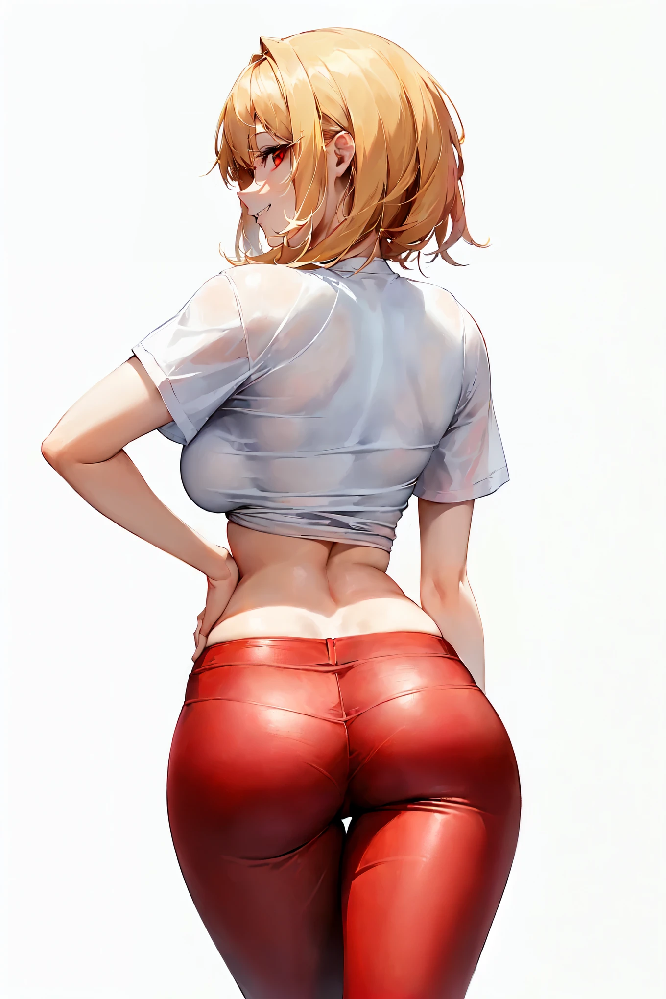 name zoe. 20 year old ager, beautiful angelic face. Red eyes. White skin color. height 1,70, retail physicist, large and firm breasts, Short blonde hair. Clothes, T-shirt at the height of the abdomen. tight red pants. body detail, standing straight and firm looking angrily at the camera. with a face with a normal expression. normal look