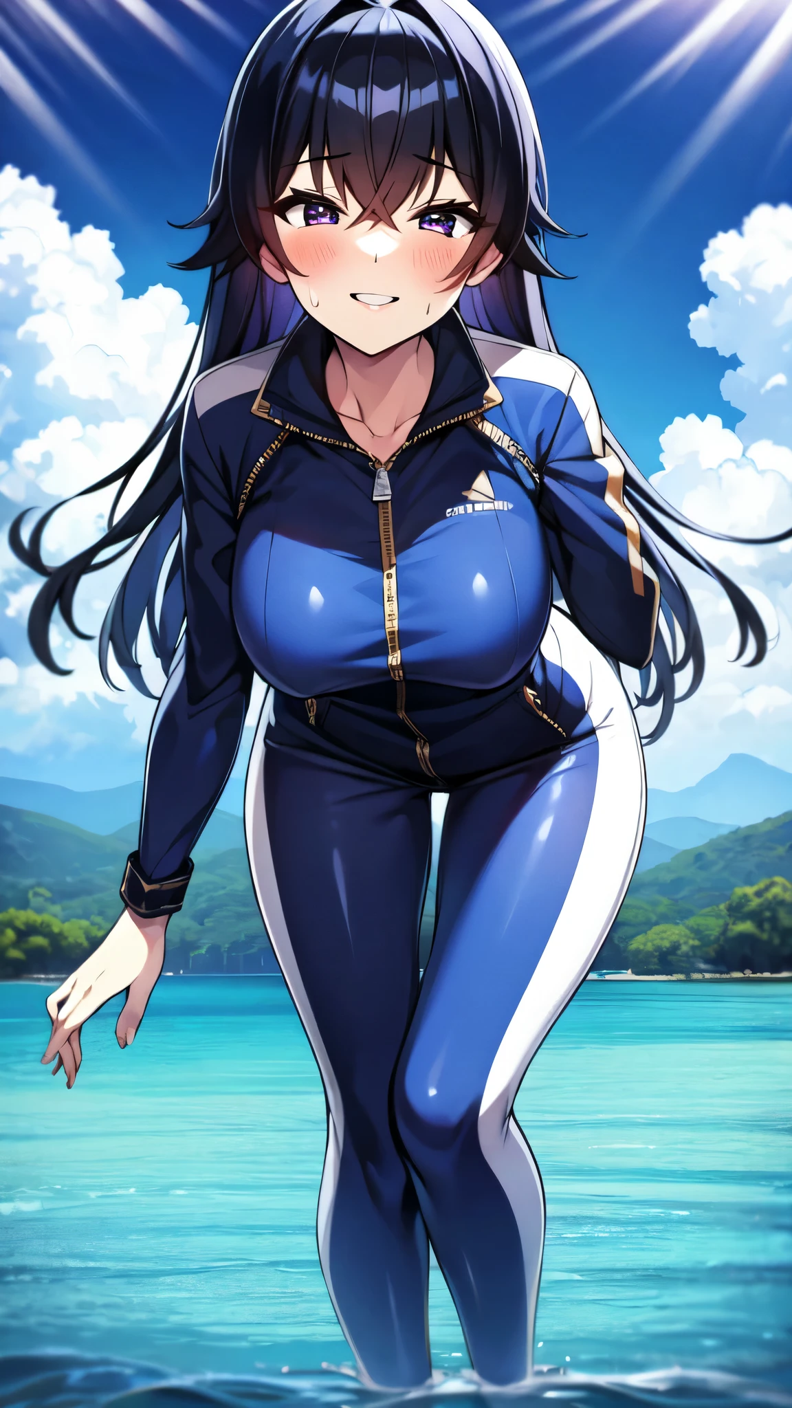 （（super high quality,））（（Ultra-high resolution,））（16K,）（super masterpiece,）（（Ultra HD ,））（Detailed shading,）（（Full Color,））Sea in clear skies,Shooting from below,One Girl,（（A shiny navy blue skin-tight sweatsuit,The zipper opens from the neck to the chest,popped Tight open collar:1.6,Long sleeve,））sexly,（Straight black long hair）,Bangs cross in front of the forehead,smile,blush,Sharp Eye,A lot of water splashes all over the screen,Sweaty,Open your legs a little,Leaning forward greatly,