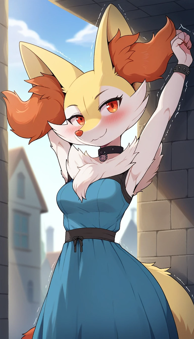 pokemon braixen, adolescent, perfectly done anatomy, whole body, girl, makeup, clothes, collar cinta Choker, short, beautiful blue dress, solo, visible genitals, Detailed bust, (Medium bust size:2.0) detailed eyes, detailed furry, detailed hans,  (his legs are shaking), (medium hips), smiling, stretching arms forward,  open hands,  narrowed eye, mirando al espectador, sonrojada, covering the bust, medieval fantasy city, on the street, detailed scenery, (desde arriba 3:0)