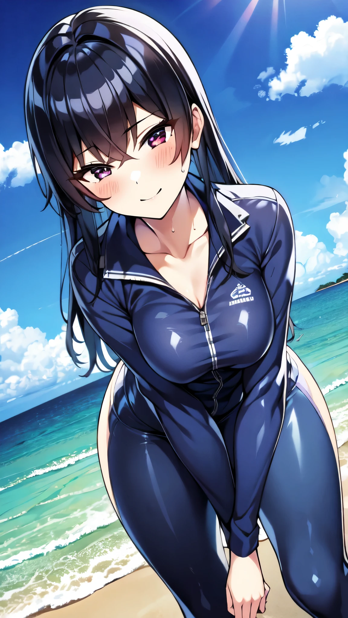 （（super high quality,））（（Ultra-high resolution,））（16K,）（super masterpiece,）（（Ultra HD ,））（Detailed shading,）（（Full Color,））Sea in clear skies,Shooting from below,One Girl,（（A shiny navy blue skin-tight sweatsuit,Open from neck to chest:1.8,popped Tight open collar:1.6,Long sleeve,））sexly,（Straight black long hair）,Bangs cross in front of the forehead,smile,blush,Sharp Eye,A lot of water splashes all over the screen,Sweaty,Open your legs a little,Leaning forward to the side,