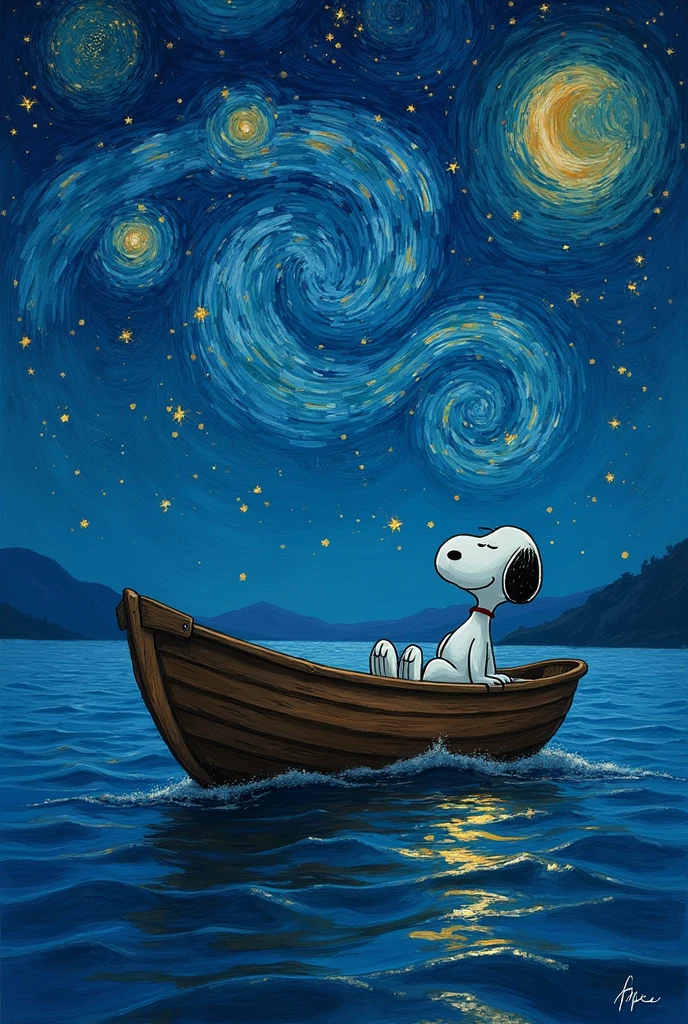 Create an image of Snoopy lying on a wooden boat at sea watching the ...