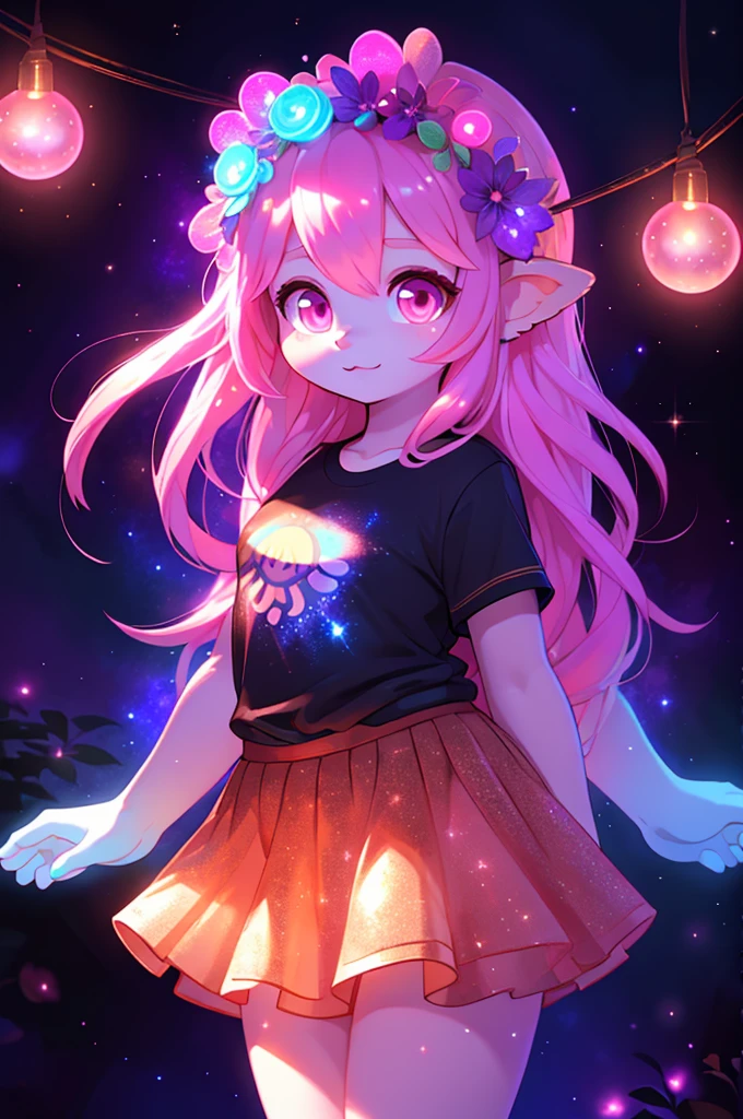 (Masterpiece), (Best Quality),( detailed background, better lighting), ultra detailed, Very detailed, (((blush))), shy, Alone, (happy), (SMILE), whole body, yellow eyes, ((very long hair))), (((by the floating))), perfect hands, 1 girl, nelz, ((pink hair)), rounded ears, stubby tail, floating in the air, (Reflect:1.3),((bioluminescent dress)), sparkly dress, evening, dark background, low key, (giant moon), (Shooting Stars), meteor shower, naked, nude