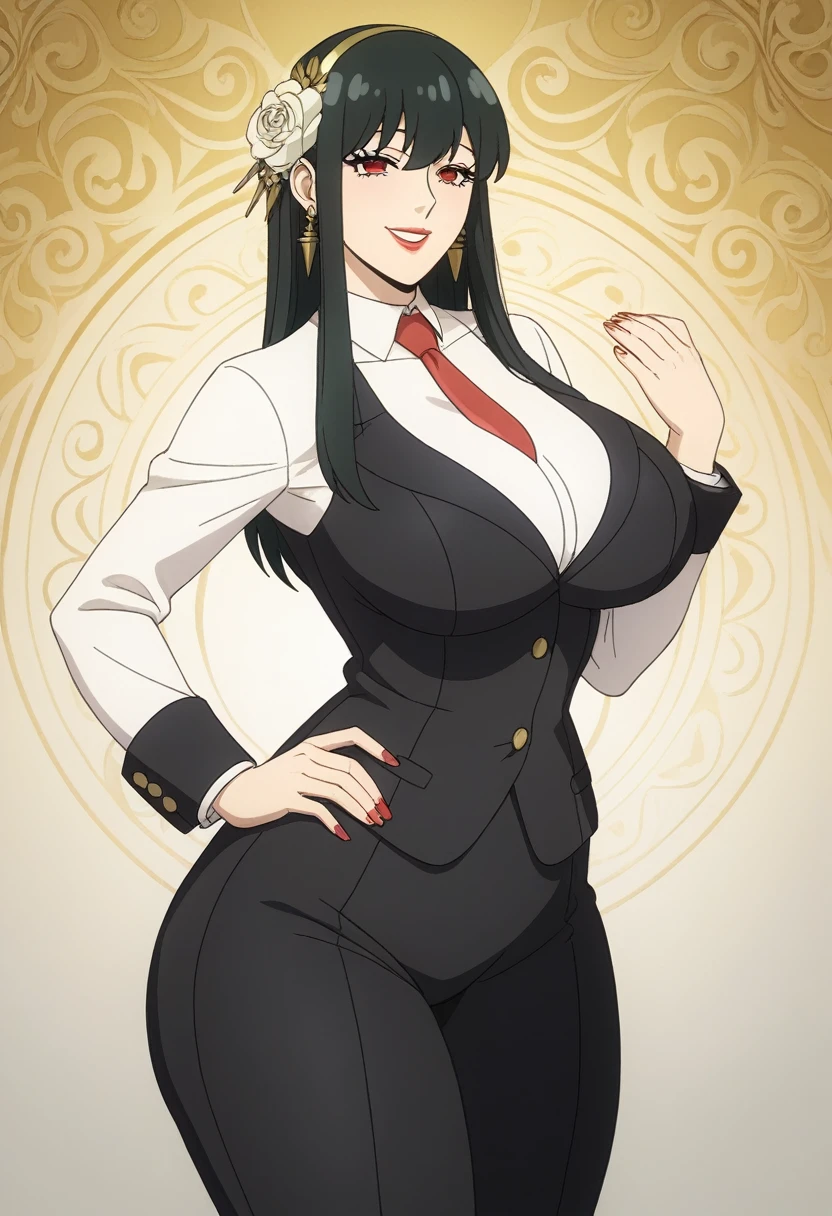 score_9,score_8_up,score_7_up,score_6_up, source_anime, standing_split, (masterpiece), BREAK, yor,  bangs, side locks, Red eyes, Black hair, hair adornments, smile, yoor_foorger, mature woman, (wide hips, wide thighs), make up, happy. thigh gap, nail polish, narrow waist, (abstract background:1.5), abstract background,, dutch angle, (perfect hands), red lips, (big hips), (suit:1.5), (white shirt), ((black pants)), hourglass body, ultra-detailed clothes, best quality, expressive eyes,, solo,flower_bezel, thick thighs, ((black suit)), (red tie), jewelry, earrings, necklace, smile,((mature woman)), perfect face, eyelashes, (perfect eyes), happy, perfect teeths, nail polish (perfect fingers),(masterpiece:1.2), (best quality:1.2), (very aesthetic:1.2), (detailed background), intricate details, ,Perfect Hands, 