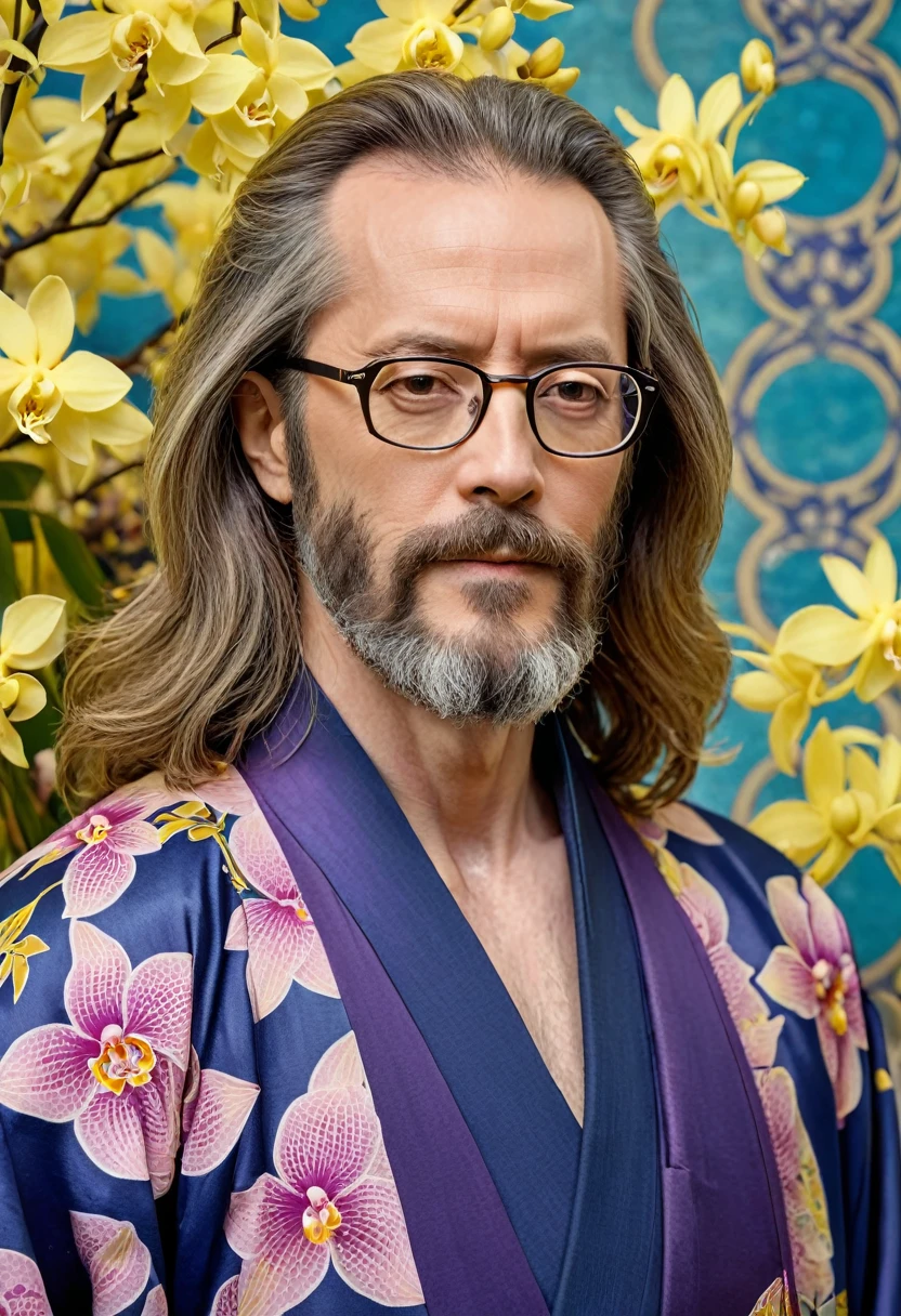 1man, middle-aged, long hair, beard, handsome, wearing glasses, wearing Nouveau-inspired kimono, geometrical nouveau background, orchids and the forsythia flowers, closer distance face, closer distance head, his closer distance pressing against me, hd, high quality, best quality, masterpiece, 8k resolution