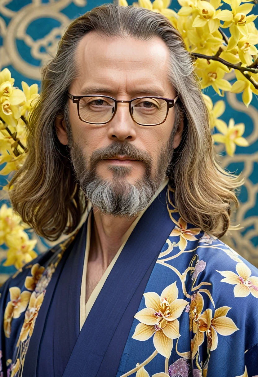 1man, middle-aged, long hair, beard, handsome, wearing glasses, wearing Nouveau-inspired kimono, geometrical nouveau background, orchids and the forsythia flowers, closer distance face, closer distance head, his closer distance pressing against me, hd, high quality, best quality, masterpiece, 8k resolution