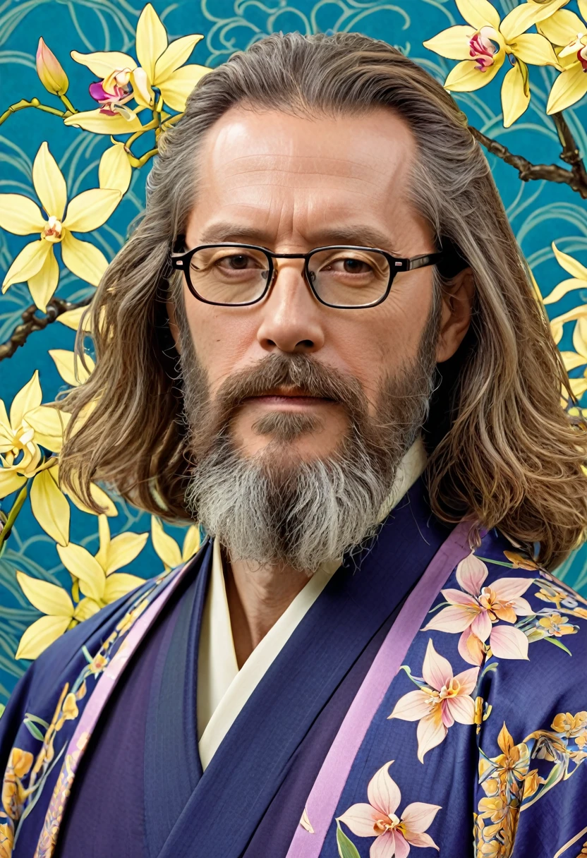 1man, middle-aged, long hair, beard, handsome, wearing glasses, wearing Nouveau-inspired kimono, geometrical nouveau background, orchids and the forsythia flowers, closer distance face, closer distance head, his closer distance pressing against me, hd, high quality, best quality, masterpiece, 8k resolution