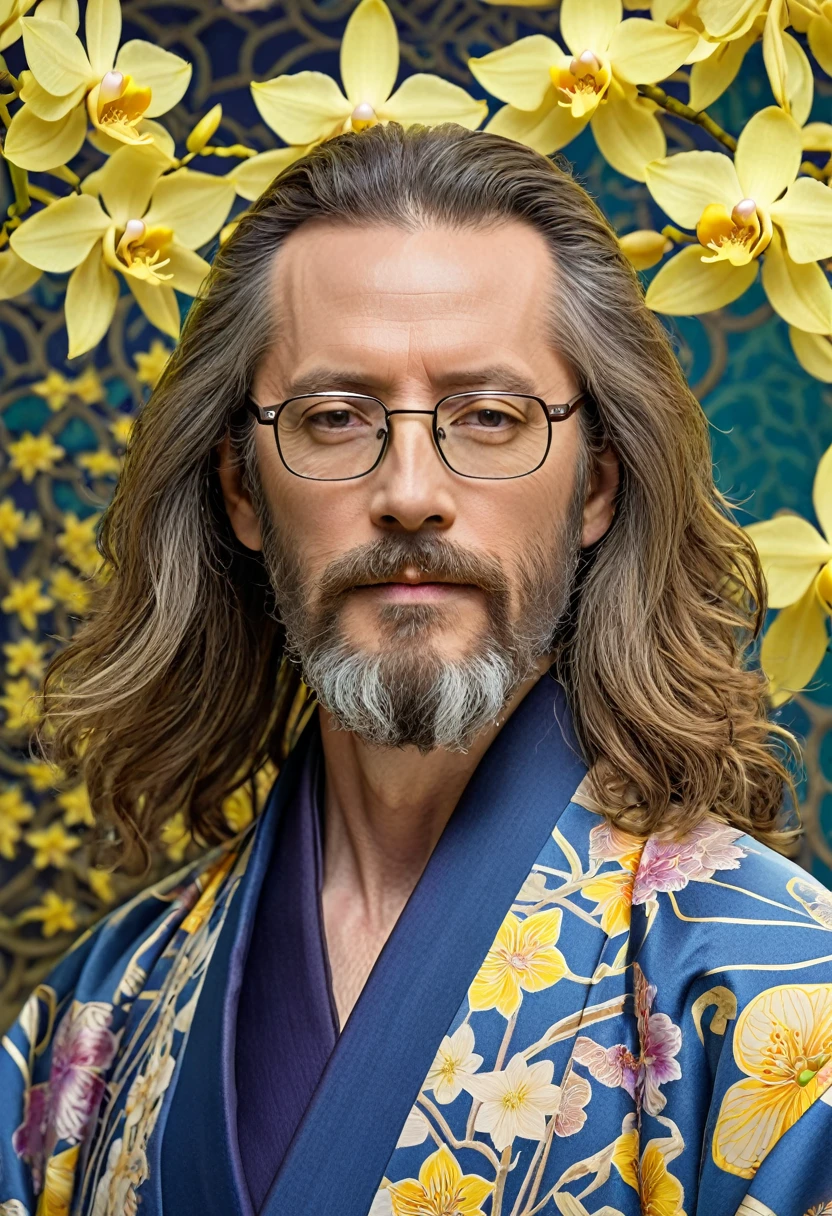 1man, middle-aged, long hair, beard, handsome, wearing glasses, wearing Nouveau-inspired kimono, geometrical nouveau background, orchids and the forsythia flowers, closer distance face, closer distance head, his closer distance pressing against me, hd, high quality, best quality, masterpiece, 8k resolution