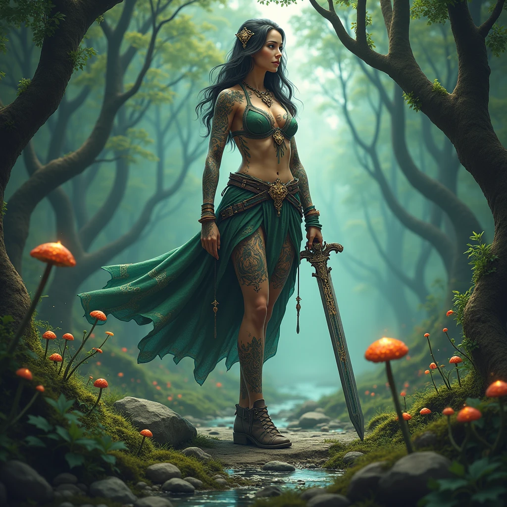 A dynamic fantasy scene featuring a naked Bretonian squire woman standing confidently in a lush, enchanted forest, sunlight filtering through the trees and casting dappled shadows on her skin. Her long hair flows around her shoulders, adorned with wildflowers, while she holds a sword in one hand, symbolizing bravery and strength. The background is rich with vibrant greenery, mystical creatures peeking through the leaves, and hints of a distant medieval castle. The artistic style combines classical realism with impressionistic touches, reminiscent of the works of John William Waterhouse and Gustav Klimt, creating a blend of beauty and myth.