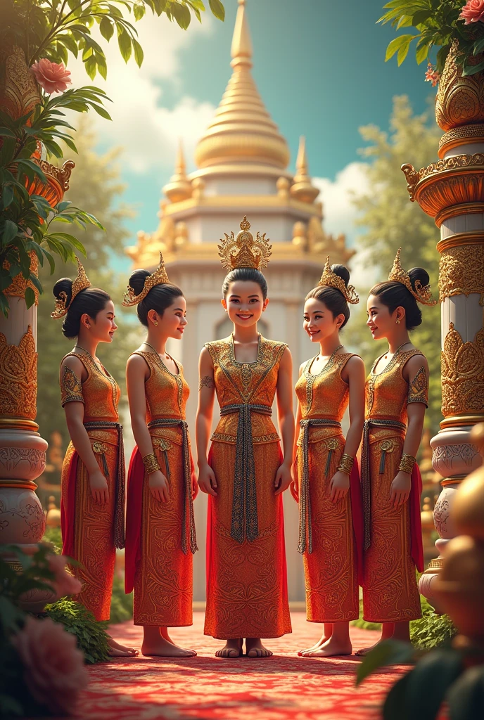 A beautiful woman in Central Javanese traditional clothes is playing in the temple yard with her friends.
