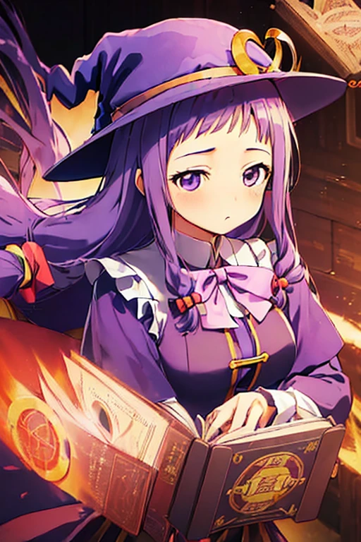 (((Mahou Sensei Negima, Yui Ayase, mechanical wand, magic book, costume, droopy eyes, purple hair, witch hat)))