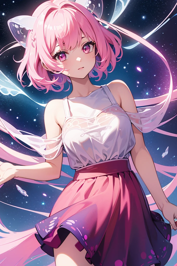 black dress, concept art inspired by Yuki Ogura, tumblr, digital art, anime girl with cosmic hair, girl in space, cosmic girl, red skin color, red-colored skin, bright black hole glowing eyes, loli figure, braided curly purple with stars inside space hair without bangs, absolutely no bangs on the hair, oversized starlit clothing, no boobs, flat chest, childlike figure, star filled yukata