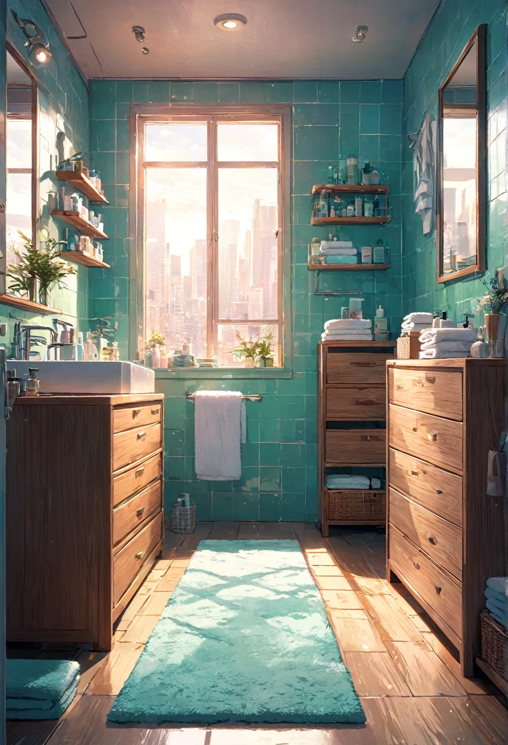 bathroom with turquoise tiles, wooden dresser, mirror with small shelves, organized toiletries, towels stacked neatly, cozy rugs on the floor, towel rack with a white towel, bright natural light coming through the window, cityscape visible through the window, soft pastel colors, Warm and welcoming atmosphere, subtle shadows, well lit with ceiling light, Front view, Wide angle perspective, indoor environment, clean and tranquil ambiance