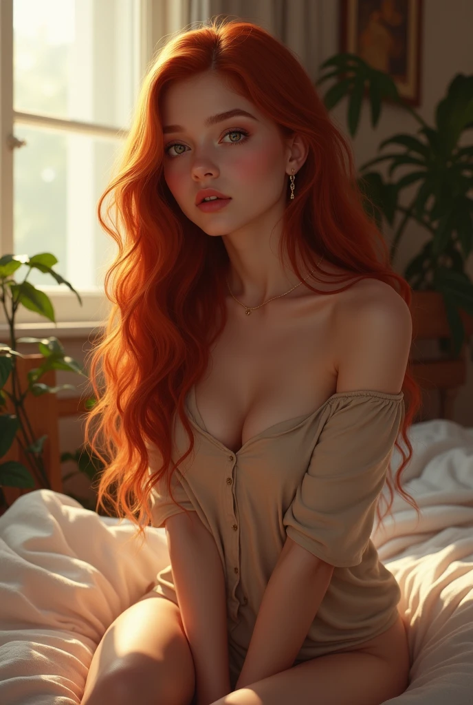 beautiful slim girl (: 1.5), (wearing blue School uniform Pleaded skirt ,Full body 1.3), enormous breasts 1.3), in her bedroom. Realistic anatomy. Very long wavy crimson hair, detailed attractive face, beautiful happy smile, lying down in her bed , arab Girl Beautiful, Baby symmetric Face, ,,enormous Breasts , in the red castle ) longs white curly and wavy red Hair tied in a daenerys hairstyle from game of thrones hairstyle. adorable masterpiece ((yellow honey colored-eyes, VERY DETAILED EYES)) , very thick hourglass figure body,, looking at viewer, ,(nighttime),wearing jewelry, earrings, ))innocent look, aroused, back view , NSFW, perfect ass, CLOSEUP