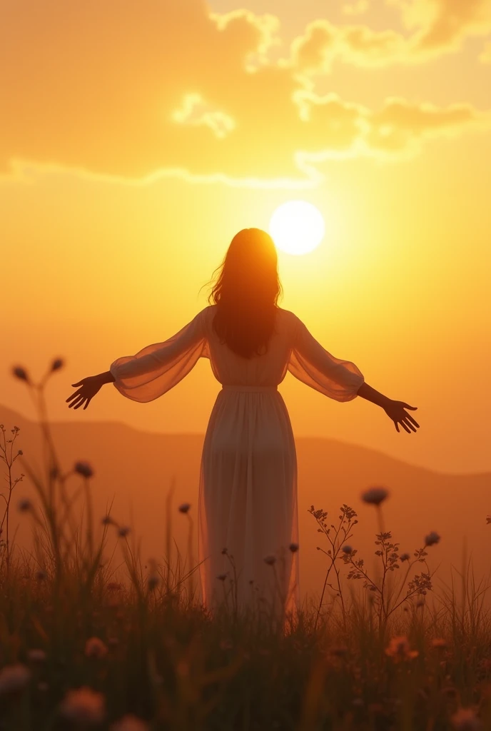 A  wearing long white gown and spreading her hands watching sun in a big field in a sunny day