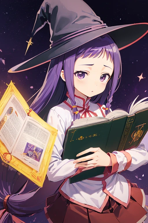 (((Mahou Sensei Negima, Yui Ayase, mechanical wand, magic book, costume, droopy eyes, purple hair, witch hat)))